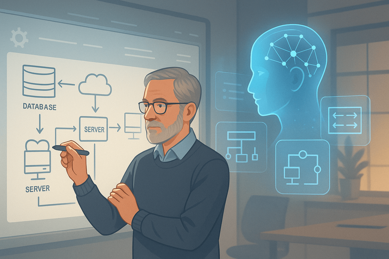 Senior software engineer sketching system architecture on a digital board with an AI hologram assisting, symbolizing human–AI collaboration in modern engineering